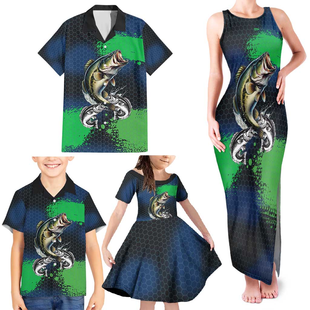 Personalized Bass Fishing Family Matching Tank Maxi Dress and Hawaiian Shirt with Jumping Fish – Green and Black Angler Design - Wonder Print Shop