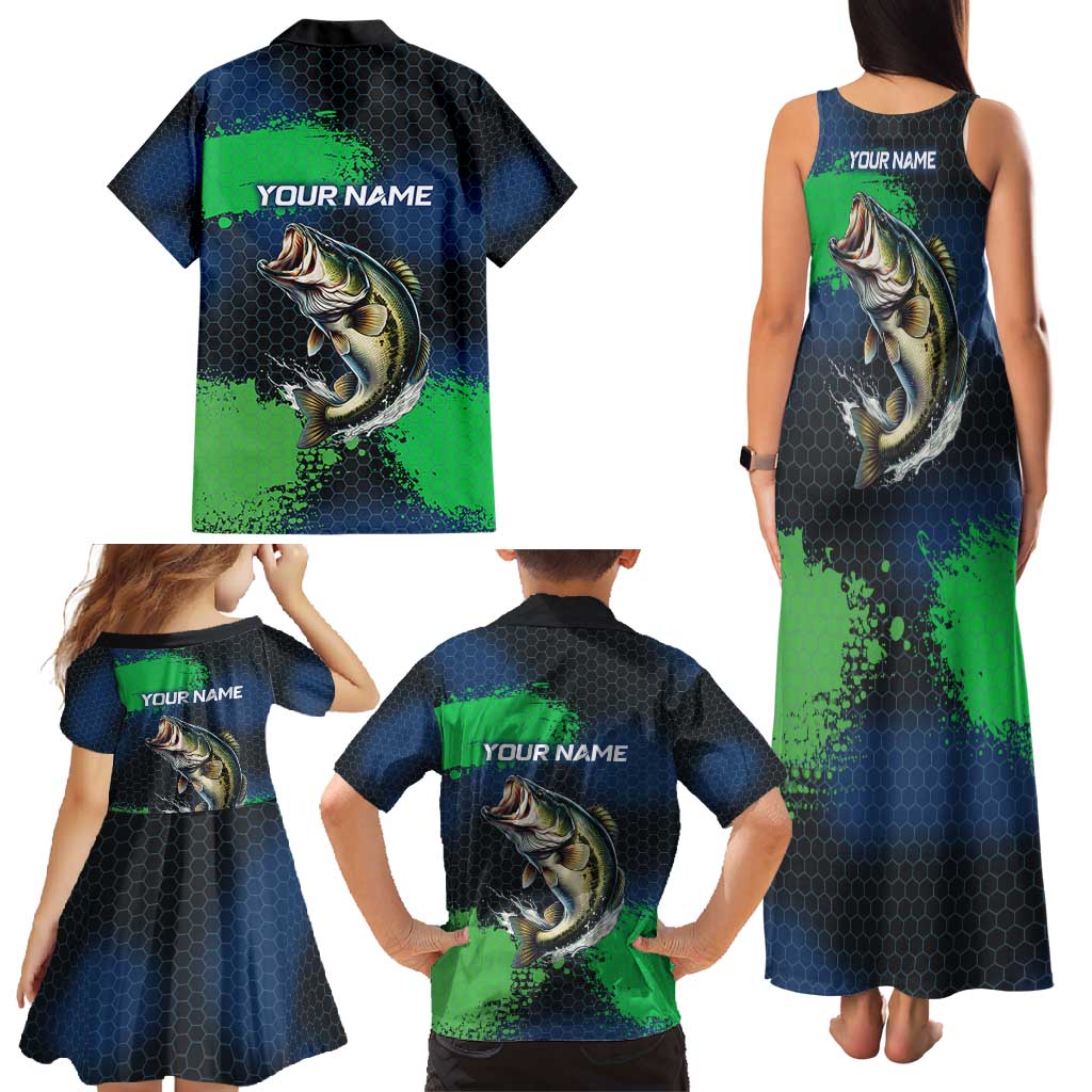 Personalized Bass Fishing Family Matching Tank Maxi Dress and Hawaiian Shirt with Jumping Fish – Green and Black Angler Design - Wonder Print Shop