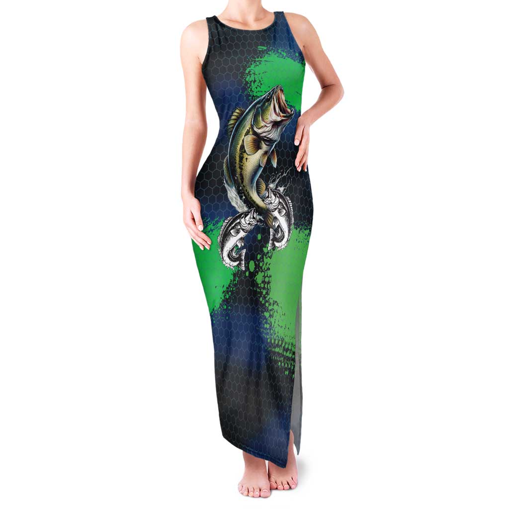 Personalized Bass Fishing Family Matching Tank Maxi Dress and Hawaiian Shirt with Jumping Fish – Green and Black Angler Design - Wonder Print Shop