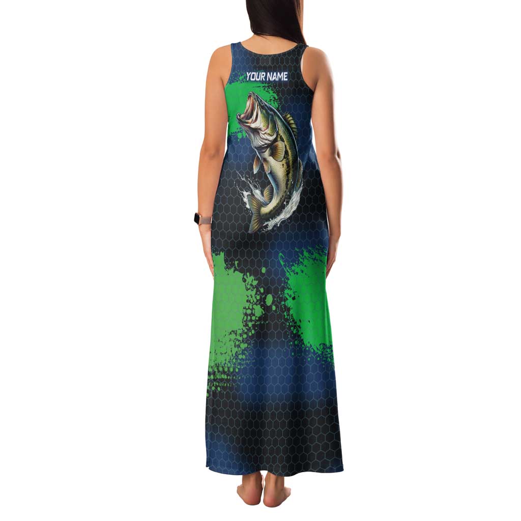 Personalized Bass Fishing Family Matching Tank Maxi Dress and Hawaiian Shirt with Jumping Fish – Green and Black Angler Design - Wonder Print Shop