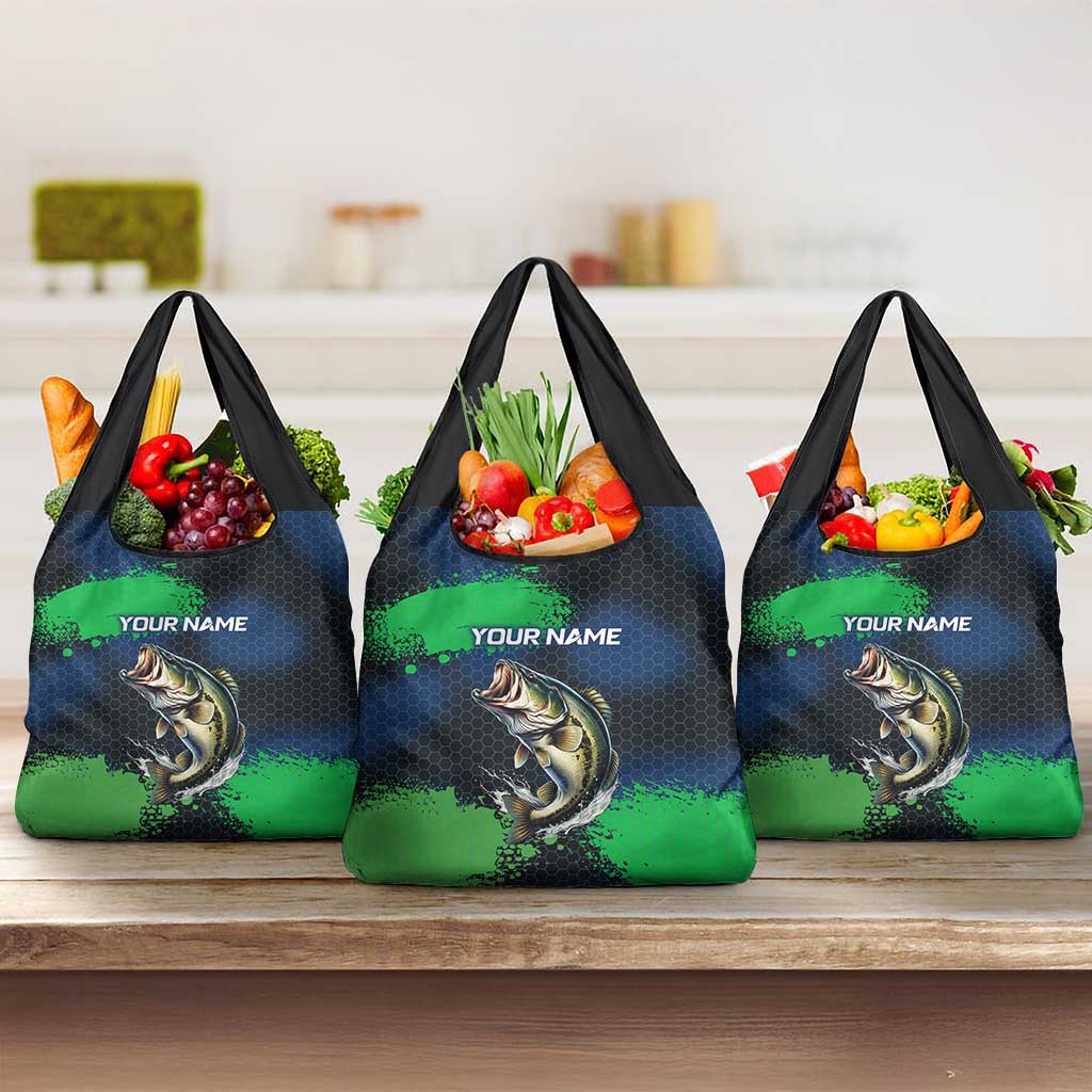 Personalized Bass Fishing Grocery Bag with Jumping Fish – Green and Black Angler Design - Wonder Print Shop