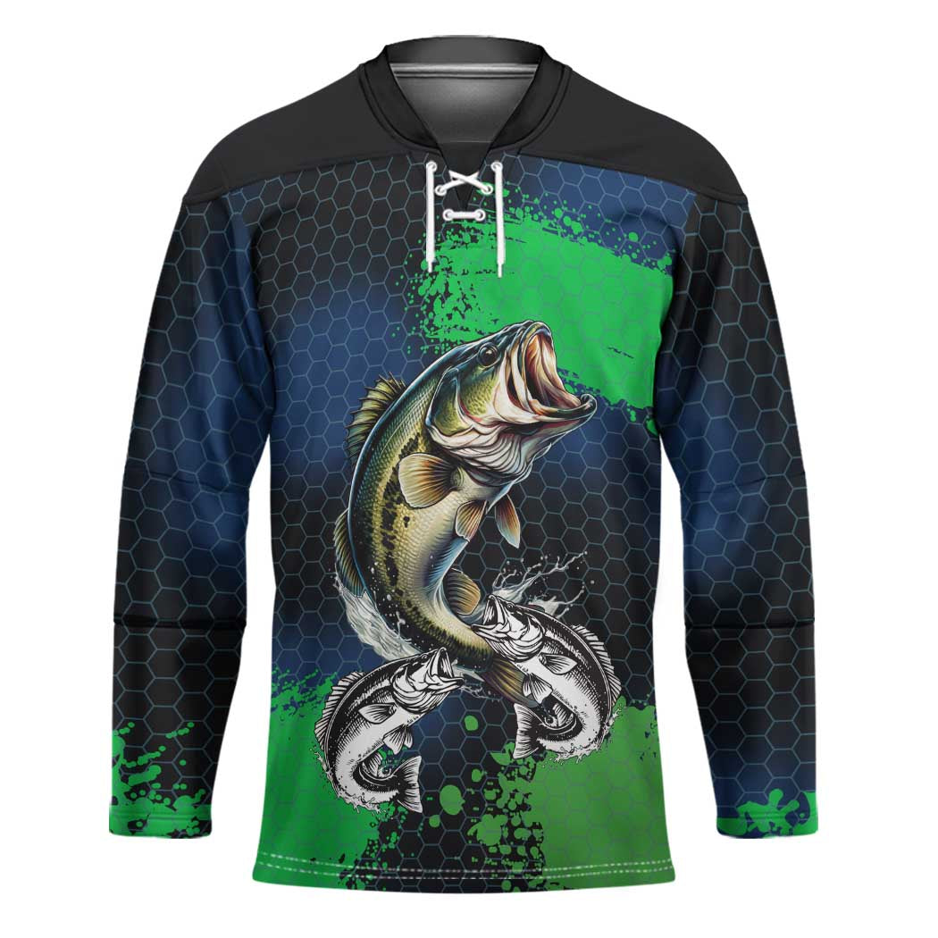 Personalized Bass Fishing Hockey Jersey with Jumping Fish – Green and Black Angler Design - Wonder Print Shop
