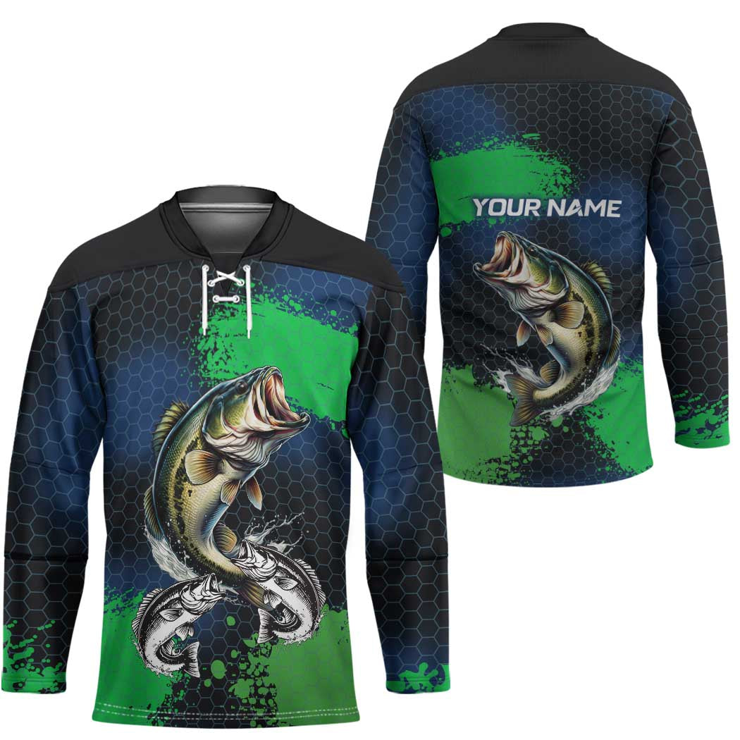 Personalized Bass Fishing Hockey Jersey with Jumping Fish – Green and Black Angler Design - Wonder Print Shop