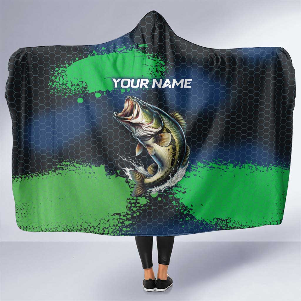 Personalized Bass Fishing Hooded Blanket with Jumping Fish – Green and Black Angler Design - Wonder Print Shop