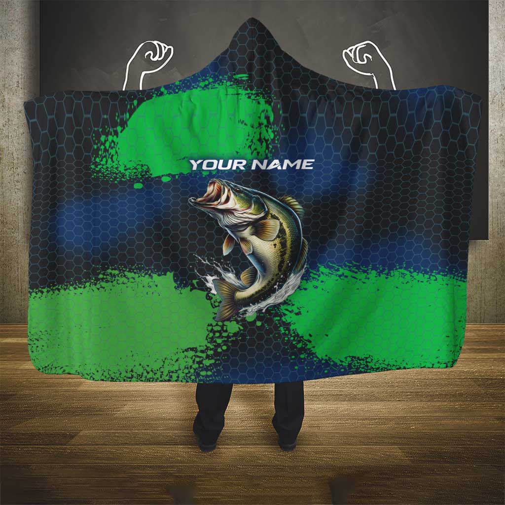 Personalized Bass Fishing Hooded Blanket with Jumping Fish – Green and Black Angler Design - Wonder Print Shop