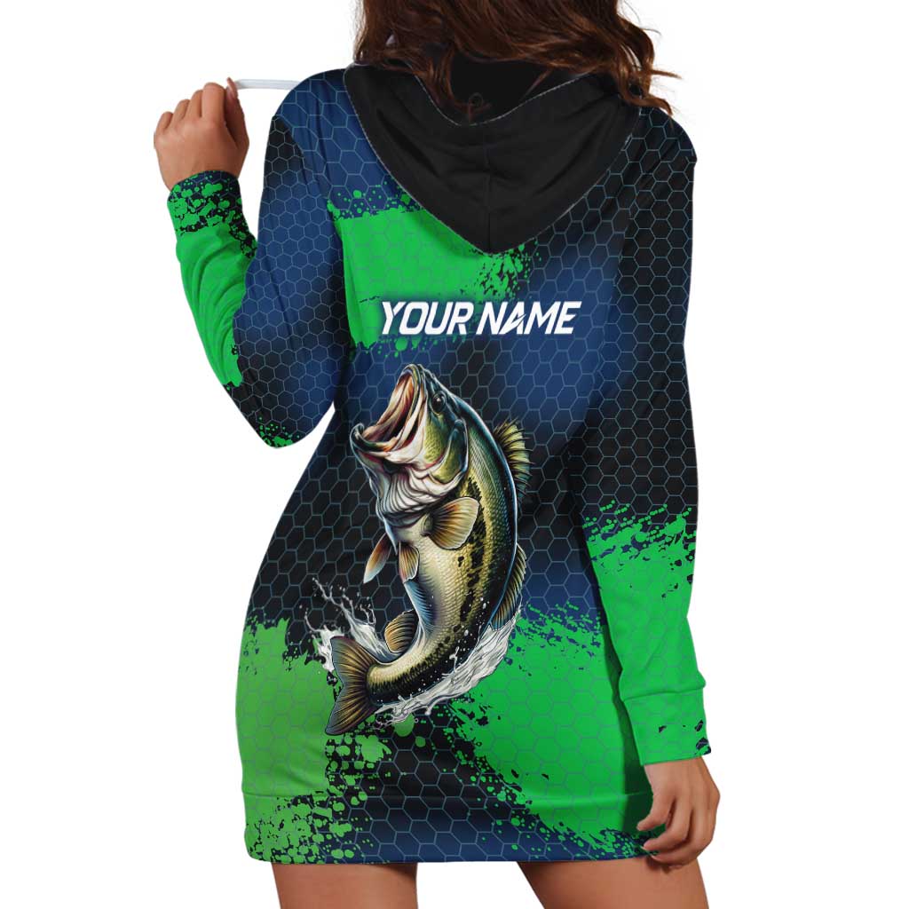 Personalized Bass Fishing Hoodie Dress with Jumping Fish – Green and Black Angler Design - Wonder Print Shop
