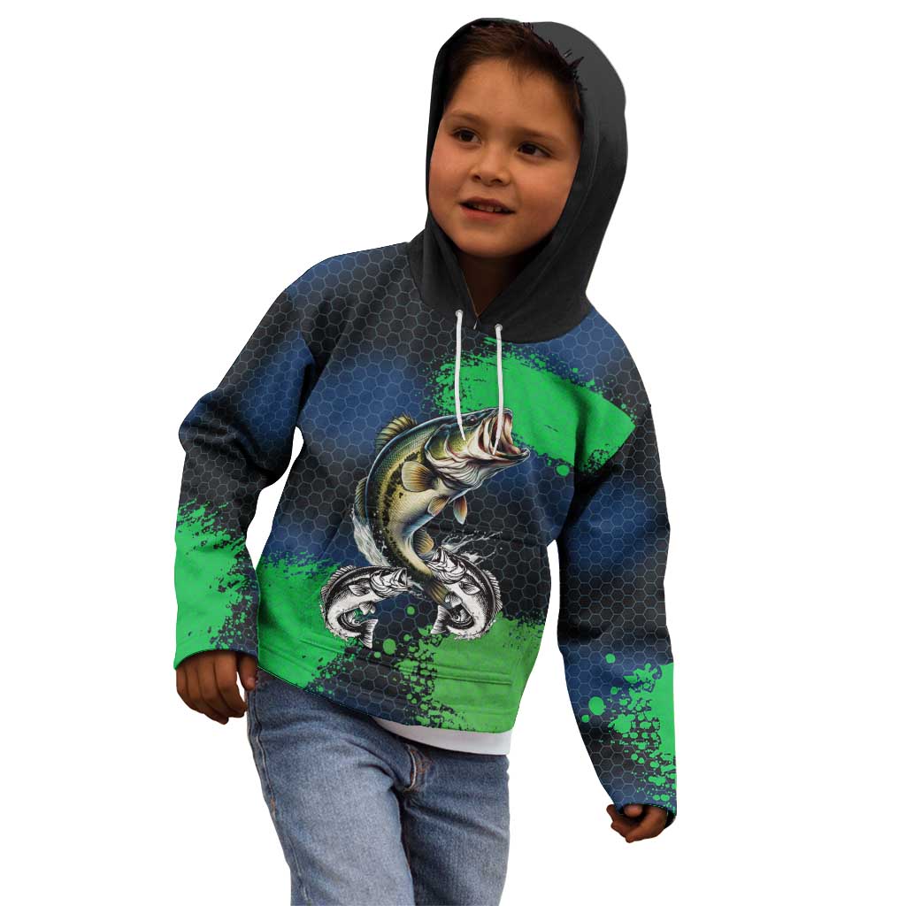 Personalized Bass Fishing Kid Hoodie with Jumping Fish – Green and Black Angler Design - Wonder Print Shop