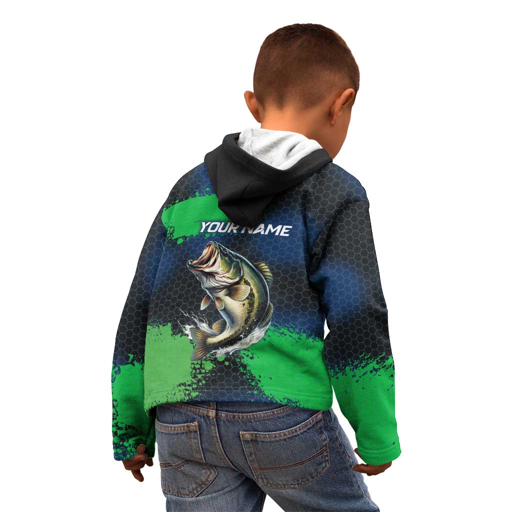 Personalized Bass Fishing Kid Hoodie with Jumping Fish – Green and Black Angler Design - Wonder Print Shop