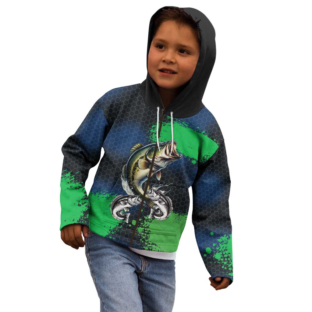 Personalized Bass Fishing Kid Hoodie with Jumping Fish – Green and Black Angler Design - Wonder Print Shop