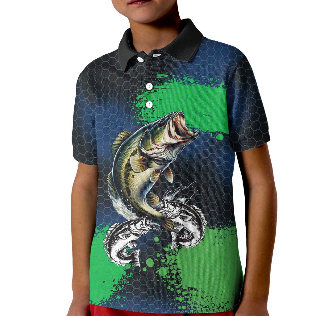 Personalized Bass Fishing Kid Polo Shirt with Jumping Fish – Green and Black Angler Design - Wonder Print Shop