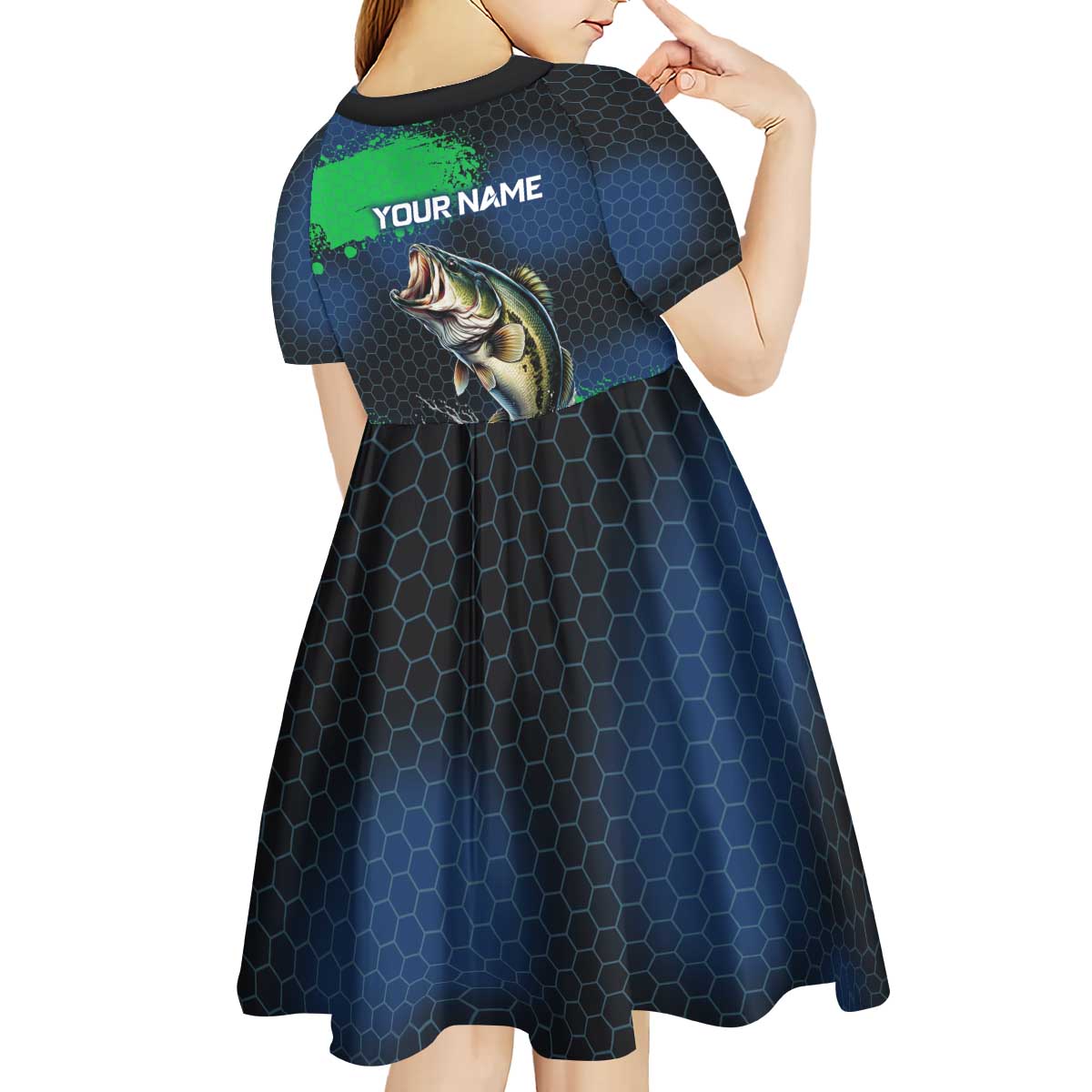 Personalized Bass Fishing Kid Short Sleeve Dress with Jumping Fish – Green and Black Angler Design - Wonder Print Shop
