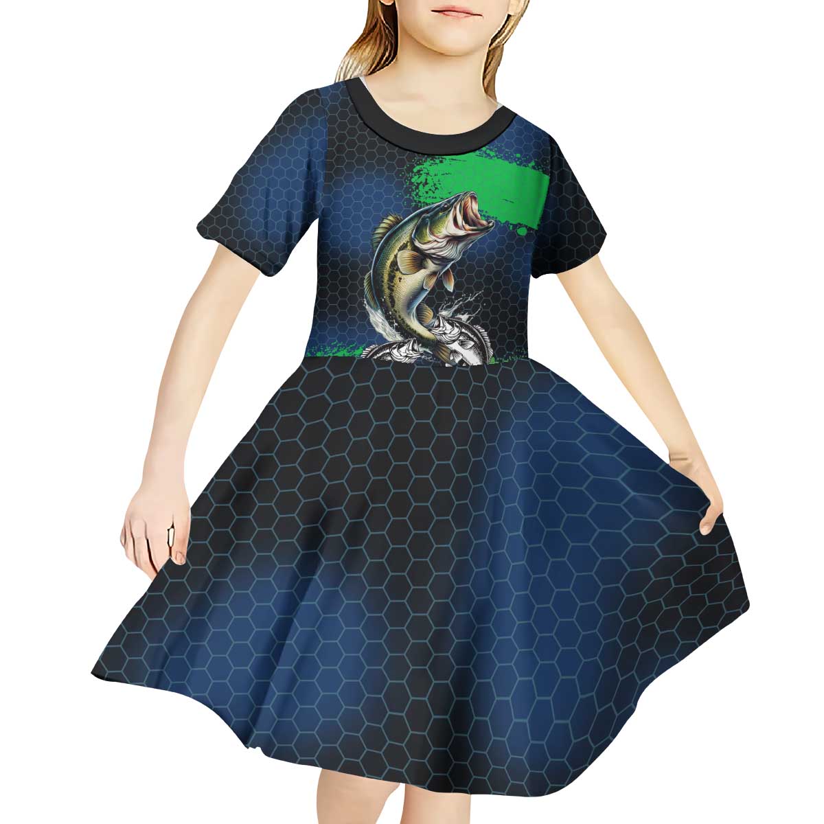 Personalized Bass Fishing Kid Short Sleeve Dress with Jumping Fish – Green and Black Angler Design - Wonder Print Shop