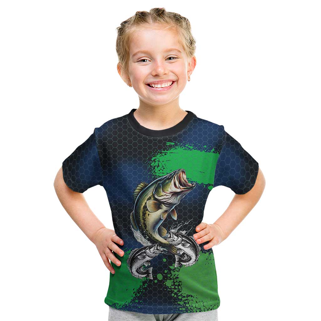 Personalized Bass Fishing Kid T Shirt with Jumping Fish – Green and Black Angler Design - Wonder Print Shop