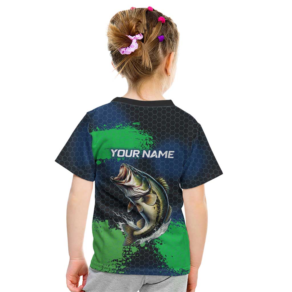 Personalized Bass Fishing Kid T Shirt with Jumping Fish – Green and Black Angler Design - Wonder Print Shop