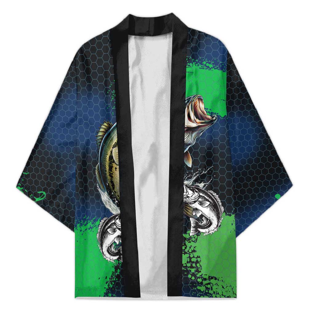 Personalized Bass Fishing Kimono with Jumping Fish – Green and Black Angler Design - Wonder Print Shop