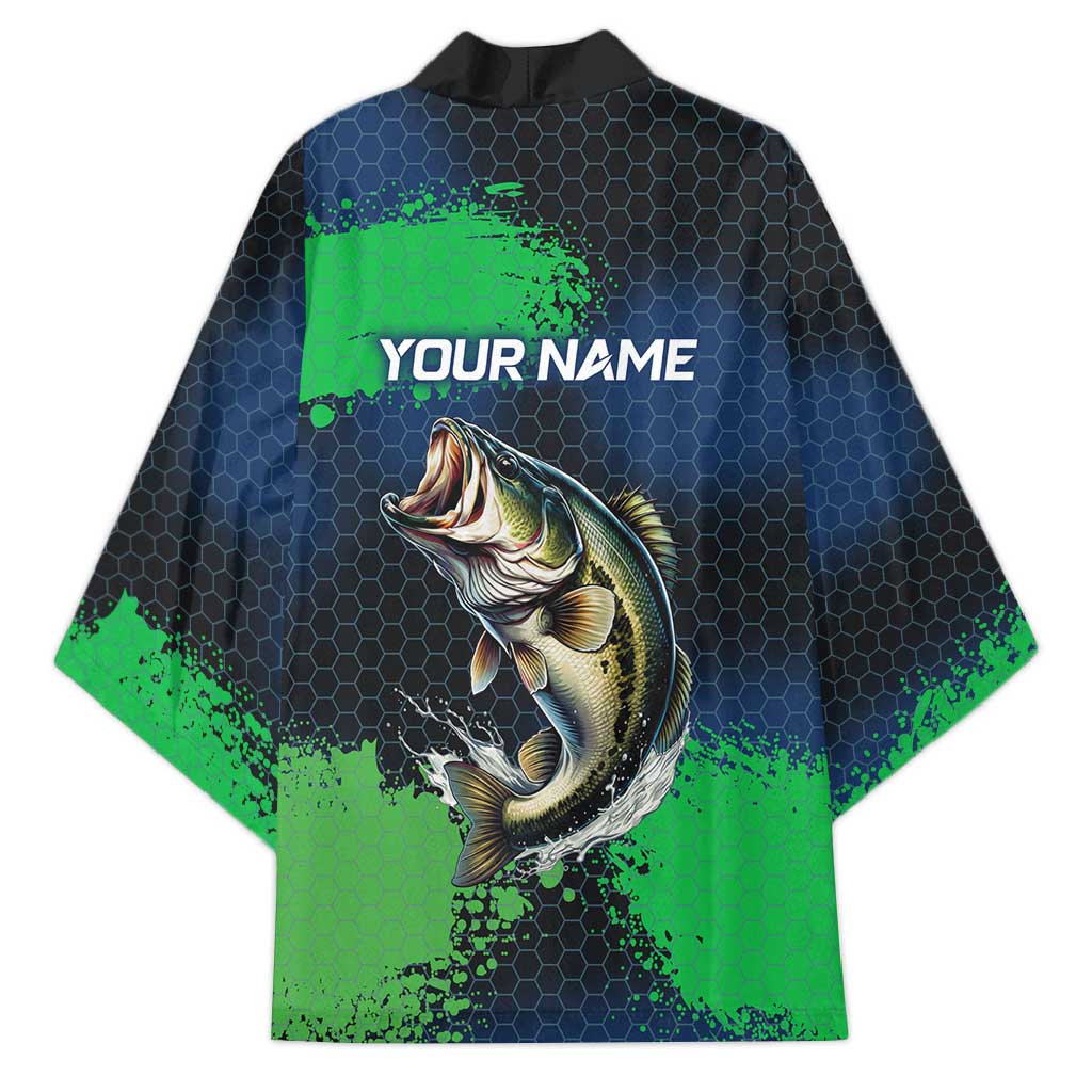 Personalized Bass Fishing Kimono with Jumping Fish – Green and Black Angler Design - Wonder Print Shop