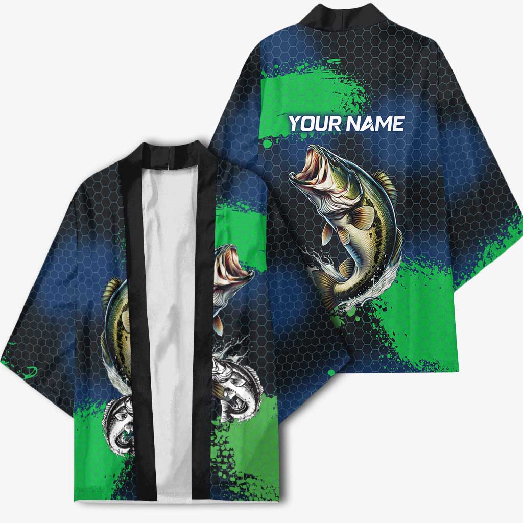 Personalized Bass Fishing Kimono with Jumping Fish – Green and Black Angler Design - Wonder Print Shop