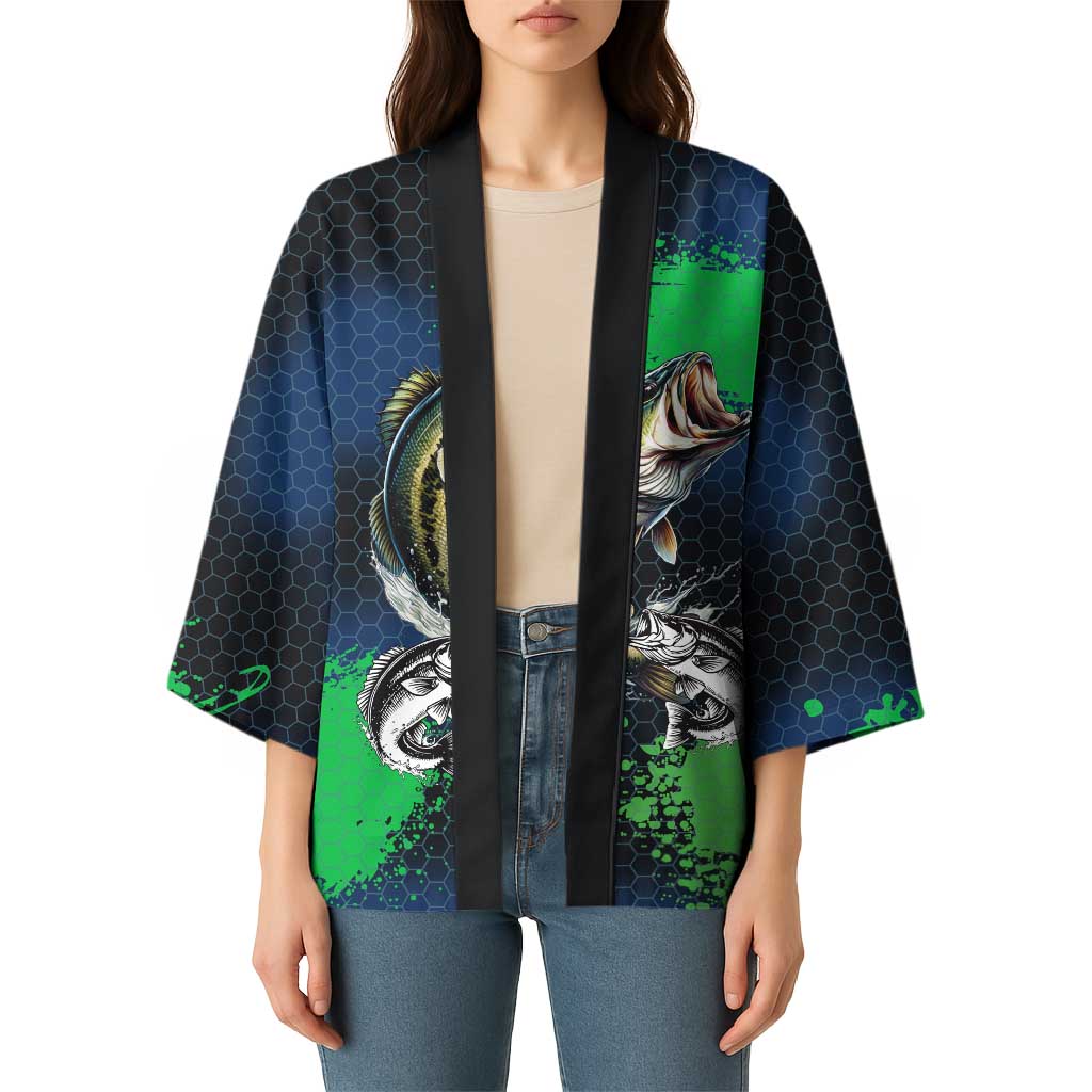 Personalized Bass Fishing Kimono with Jumping Fish – Green and Black Angler Design - Wonder Print Shop