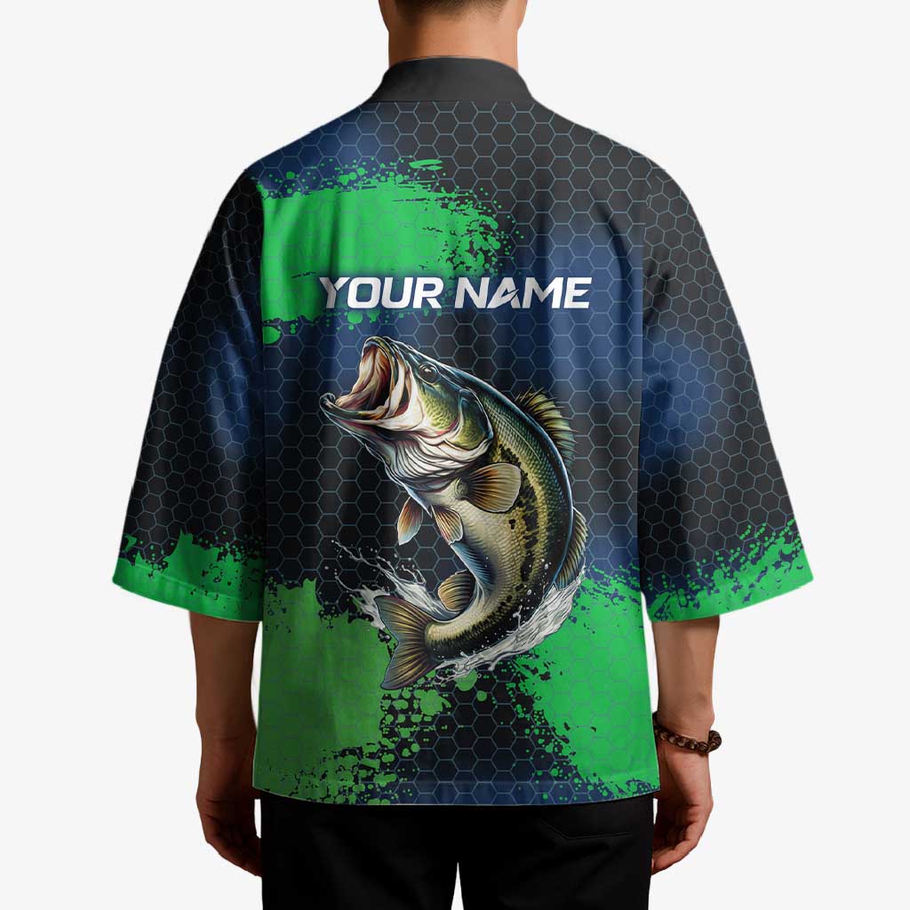 Personalized Bass Fishing Kimono with Jumping Fish – Green and Black Angler Design - Wonder Print Shop