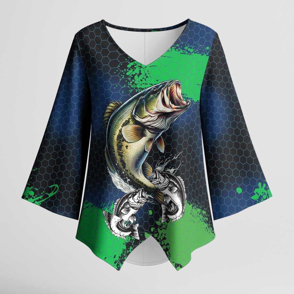 Personalized Bass Fishing Kimono Sleeve Blouse with Jumping Fish – Green and Black Angler Design - Wonder Print Shop