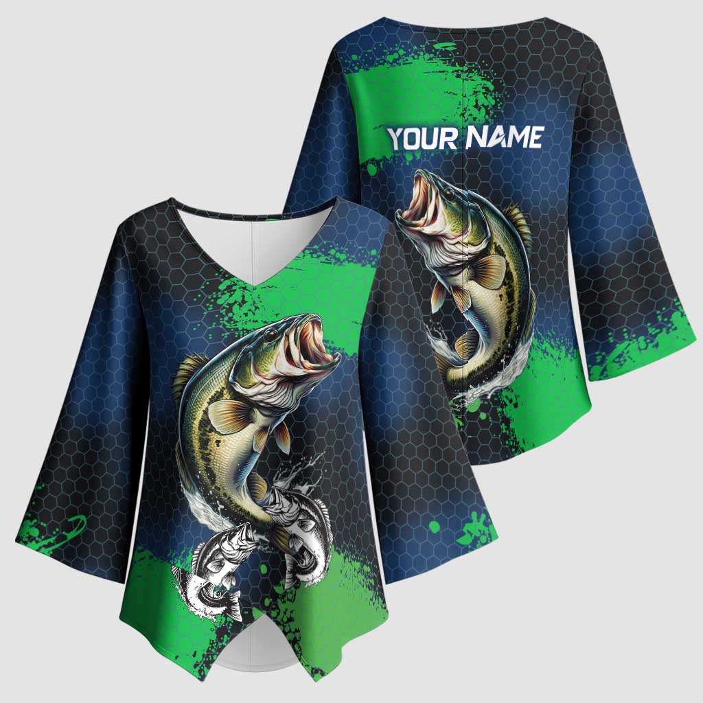 Personalized Bass Fishing Kimono Sleeve Blouse with Jumping Fish – Green and Black Angler Design - Wonder Print Shop