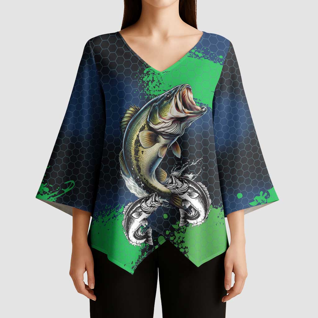 Personalized Bass Fishing Kimono Sleeve Blouse with Jumping Fish – Green and Black Angler Design - Wonder Print Shop