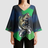 Personalized Bass Fishing Kimono Sleeve Blouse with Jumping Fish – Green and Black Angler Design - Wonder Print Shop