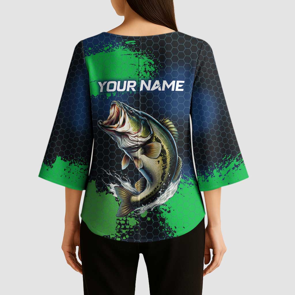 Personalized Bass Fishing Kimono Sleeve Blouse with Jumping Fish – Green and Black Angler Design - Wonder Print Shop