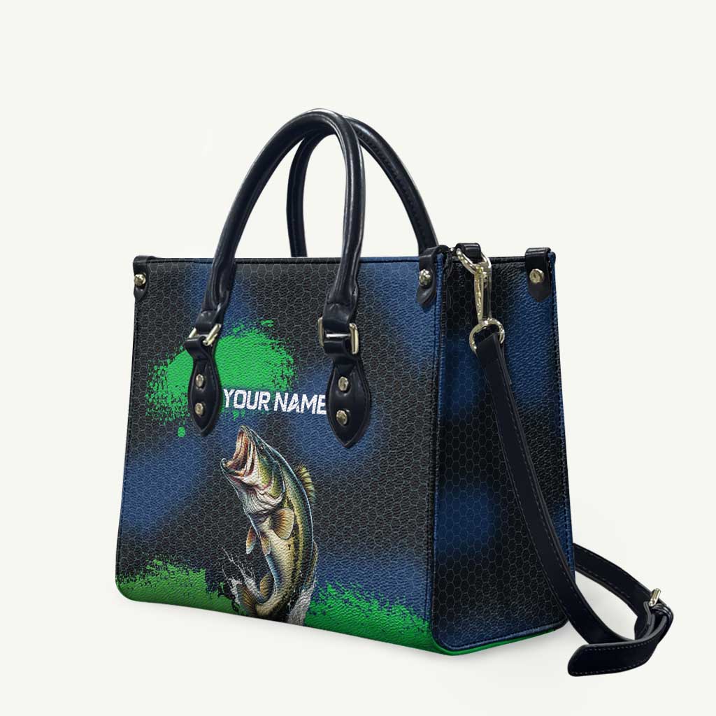 Personalized Bass Fishing Leather Bag with Jumping Fish – Green and Black Angler Design - Wonder Print Shop