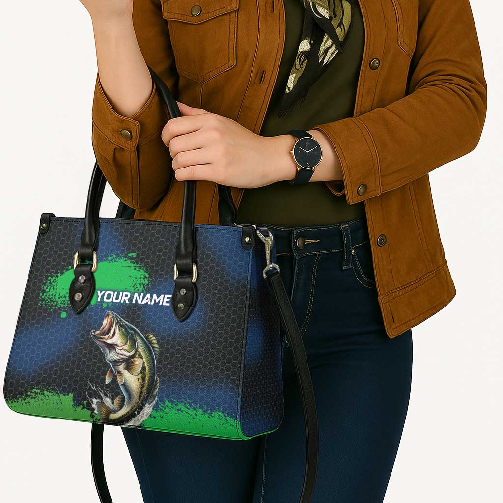 Personalized Bass Fishing Leather Bag with Jumping Fish – Green and Black Angler Design - Wonder Print Shop