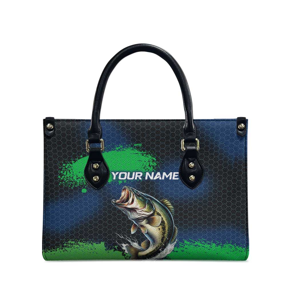 Personalized Bass Fishing Leather Bag with Jumping Fish – Green and Black Angler Design - Wonder Print Shop