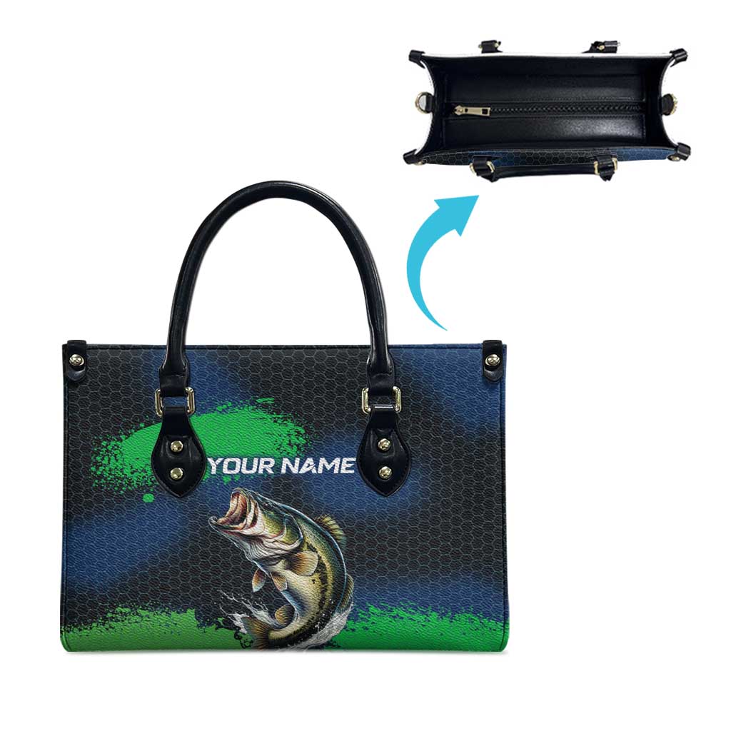 Personalized Bass Fishing Leather Bag with Jumping Fish – Green and Black Angler Design - Wonder Print Shop
