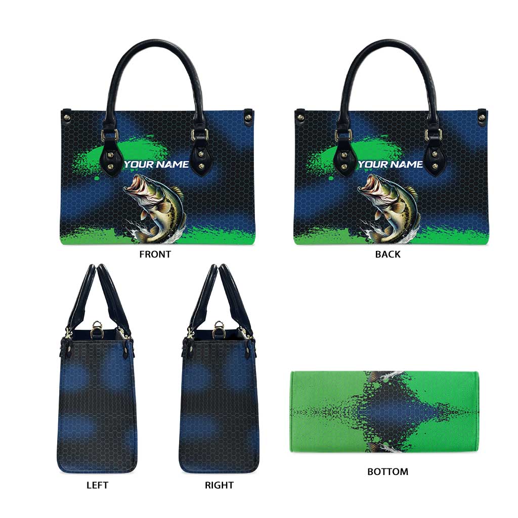 Personalized Bass Fishing Leather Bag with Jumping Fish – Green and Black Angler Design - Wonder Print Shop