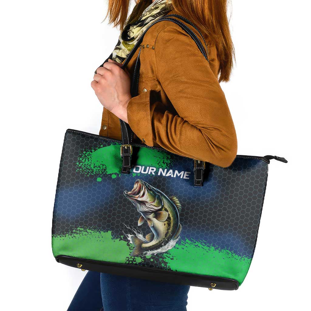 Personalized Bass Fishing Leather Tote Bag with Jumping Fish – Green and Black Angler Design - Wonder Print Shop
