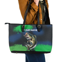 Personalized Bass Fishing Leather Tote Bag with Jumping Fish – Green and Black Angler Design - Wonder Print Shop