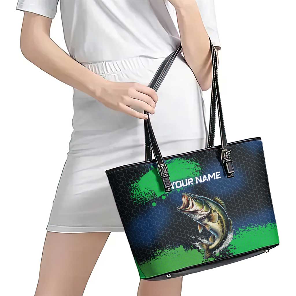 Personalized Bass Fishing Leather Tote Bag with Jumping Fish – Green and Black Angler Design - Wonder Print Shop