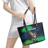 Personalized Bass Fishing Leather Tote Bag with Jumping Fish – Green and Black Angler Design - Wonder Print Shop