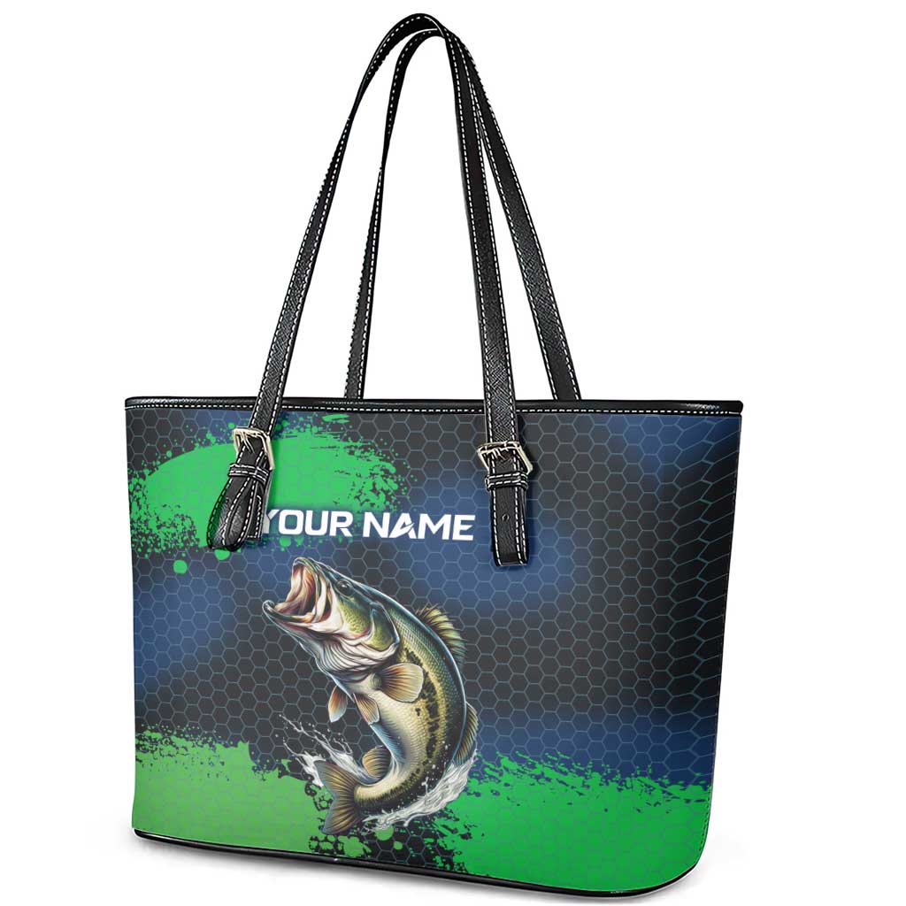 Personalized Bass Fishing Leather Tote Bag with Jumping Fish – Green and Black Angler Design - Wonder Print Shop