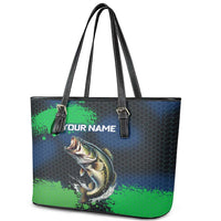 Personalized Bass Fishing Leather Tote Bag with Jumping Fish – Green and Black Angler Design - Wonder Print Shop