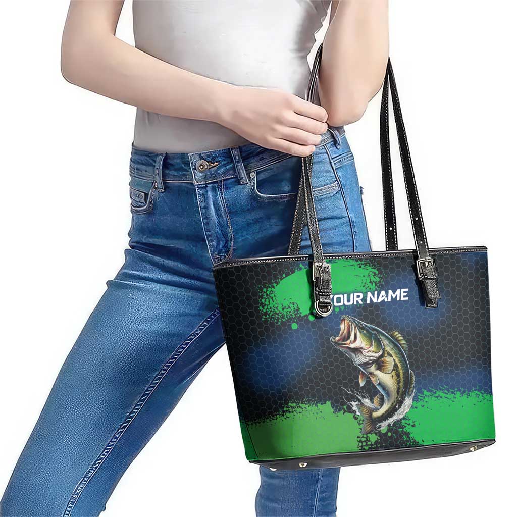 Personalized Bass Fishing Leather Tote Bag with Jumping Fish – Green and Black Angler Design - Wonder Print Shop