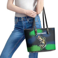 Personalized Bass Fishing Leather Tote Bag with Jumping Fish – Green and Black Angler Design - Wonder Print Shop