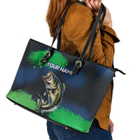 Personalized Bass Fishing Leather Tote Bag with Jumping Fish – Green and Black Angler Design - Wonder Print Shop