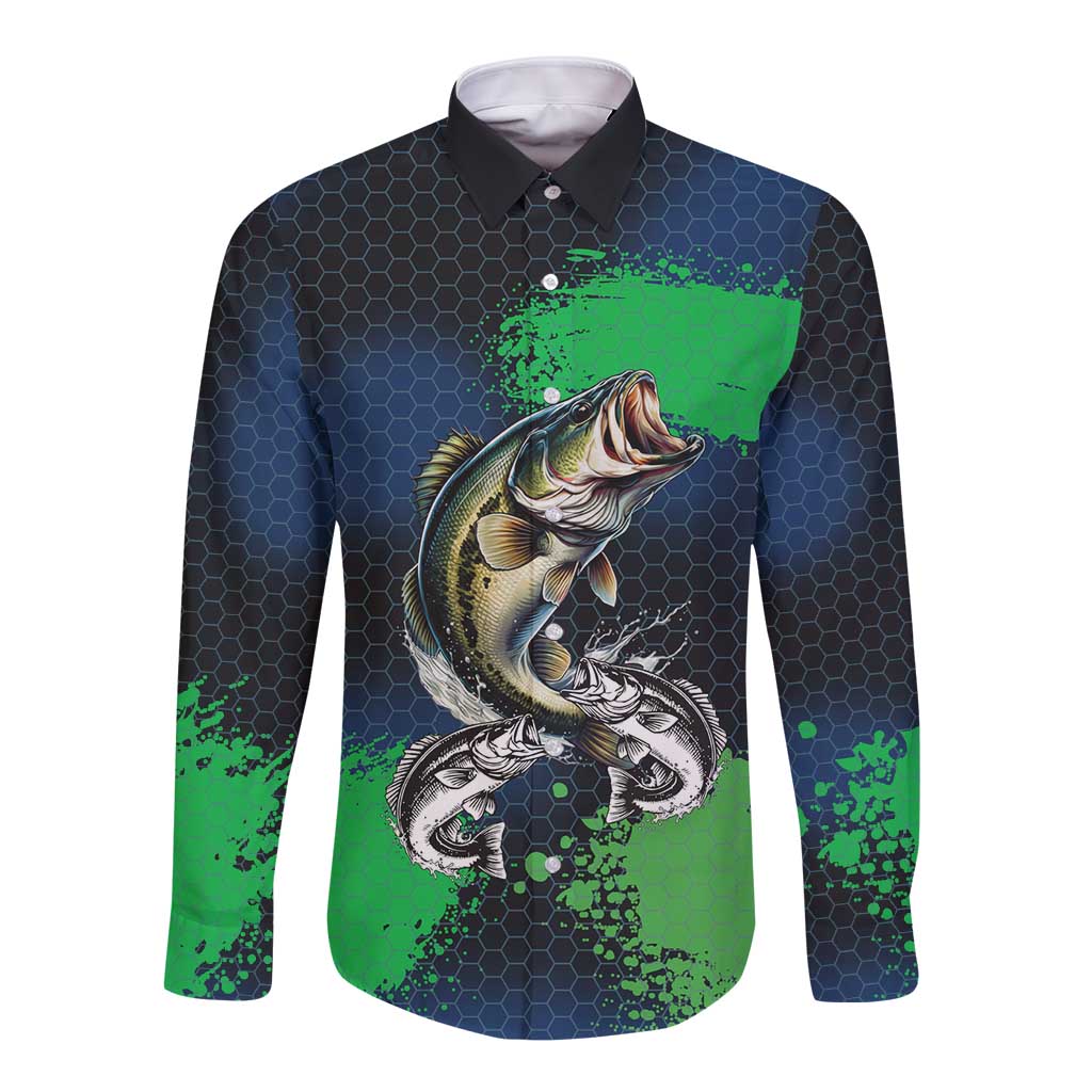Personalized Bass Fishing Long Sleeve Button Shirt with Jumping Fish – Green and Black Angler Design - Wonder Print Shop