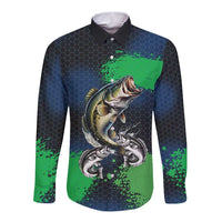 Personalized Bass Fishing Long Sleeve Button Shirt with Jumping Fish – Green and Black Angler Design - Wonder Print Shop