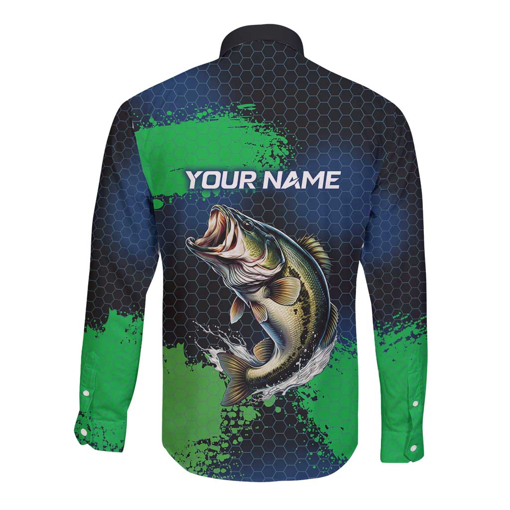 Personalized Bass Fishing Long Sleeve Button Shirt with Jumping Fish – Green and Black Angler Design - Wonder Print Shop