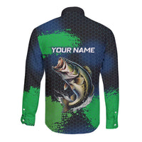 Personalized Bass Fishing Long Sleeve Button Shirt with Jumping Fish – Green and Black Angler Design - Wonder Print Shop