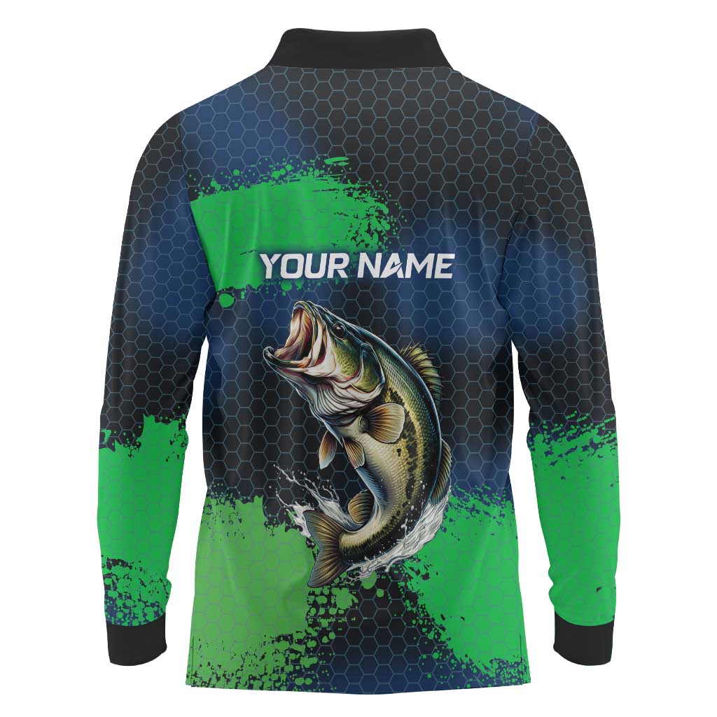 Personalized Bass Fishing Long Sleeve Polo Shirt with Jumping Fish – Green and Black Angler Design - Wonder Print Shop