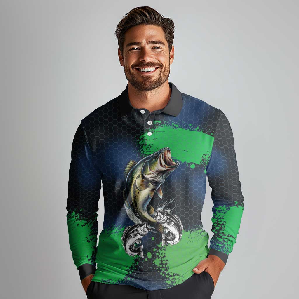 Personalized Bass Fishing Long Sleeve Polo Shirt with Jumping Fish – Green and Black Angler Design - Wonder Print Shop