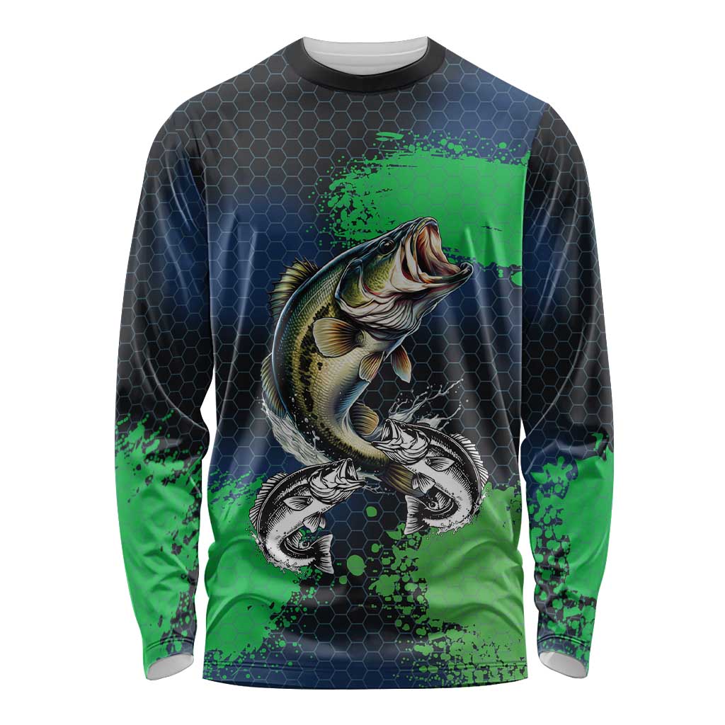 Personalized Bass Fishing Long Sleeve Shirt with Jumping Fish – Green and Black Angler Design - Wonder Print Shop