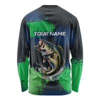 Personalized Bass Fishing Long Sleeve Shirt with Jumping Fish – Green and Black Angler Design - Wonder Print Shop
